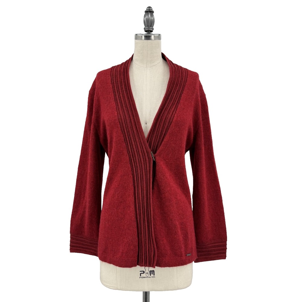 Kuna Baby Alpaca Cardigan Women M Red Ribbed Trim Open Front Peru Luxury Knit